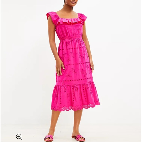 LOFT Dresses & Skirts - Loft Hot Pink Eyelet Ruffle Square Neck Midi Dress Size SP